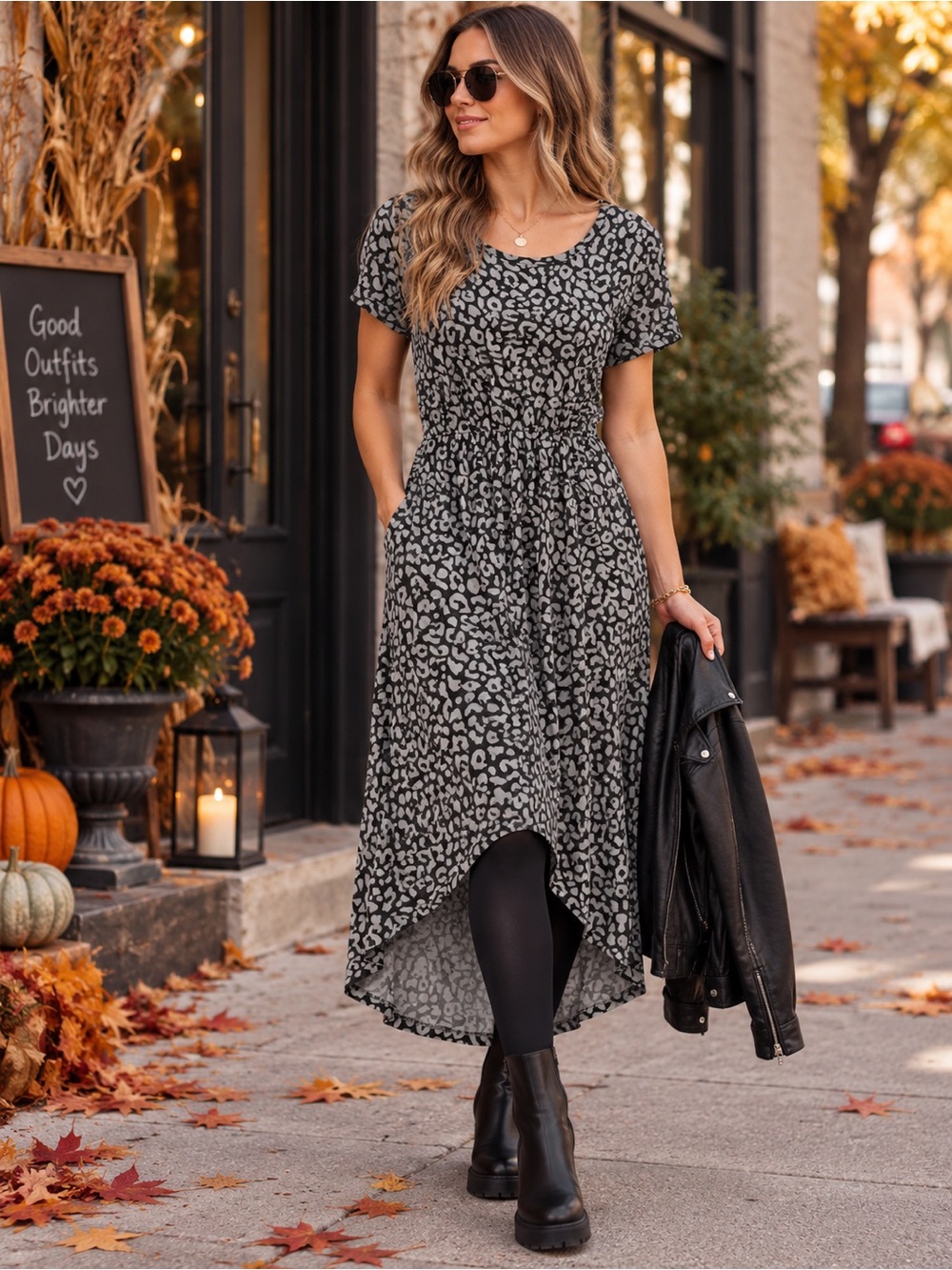 Smash + Tess Grey Lola Leopard Midi Dress M High Low Hem Pockets